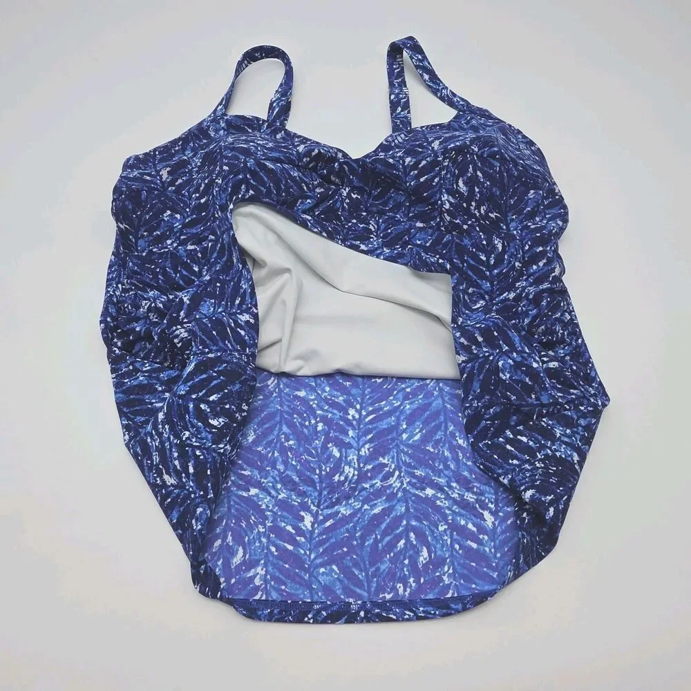 LL Bean Swim Top Tankini Women Sz 18 Padded Bra Blue White Adjustable UPF 50+